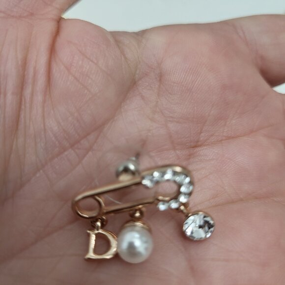 Gold Tone Safety Pin Stud Earrings with Crystal & Faux Pearl - Picture 8 of 11